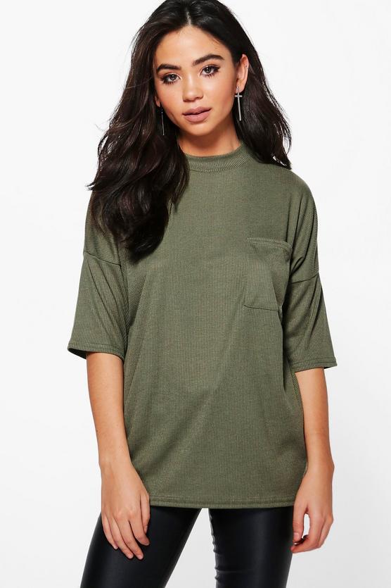 Talia Turtle Neck Ribbed Pocket T-Shirt